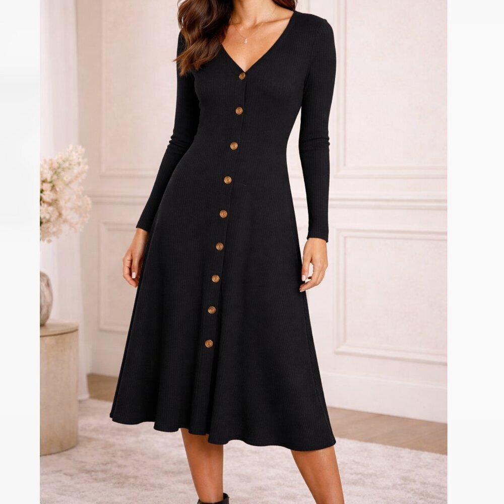 R. Vivimos Black Ribbed Button Front Dress Size Medium 8/10 Long Sleeve